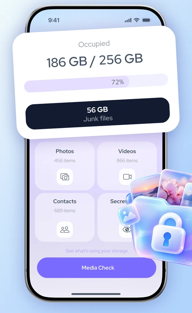 Clenva home screen with storage used and Photos, Videos, Contacts and Secret categories